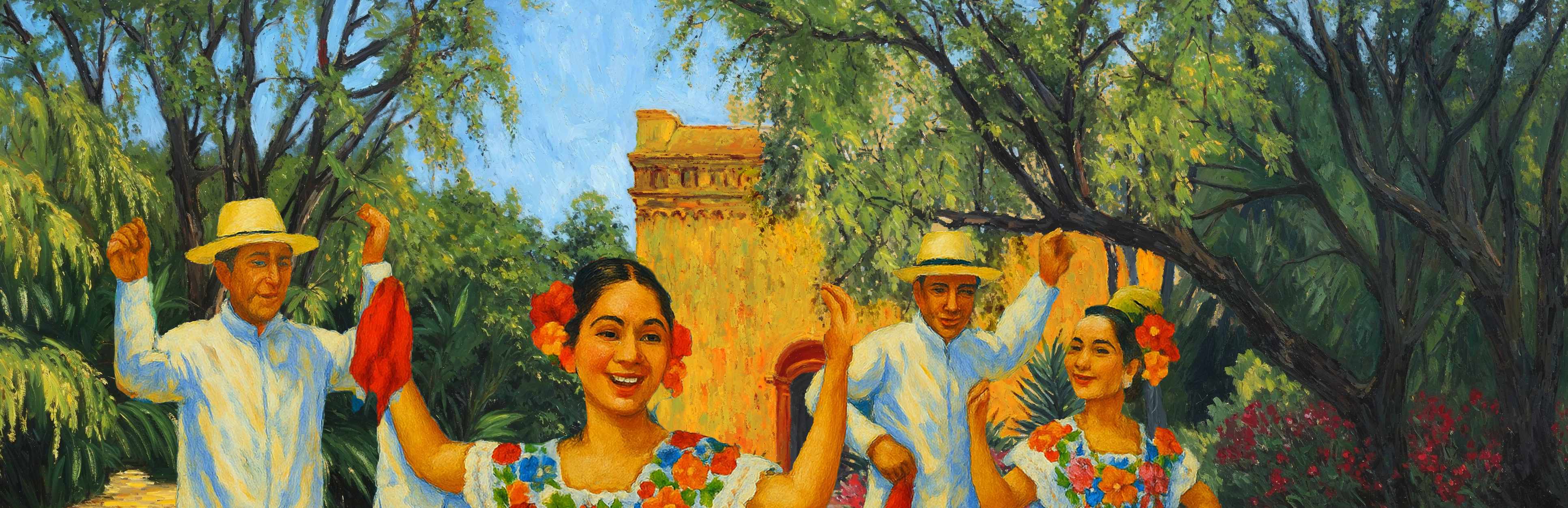 Traditional Mexican celebration with dancers in colorful attire